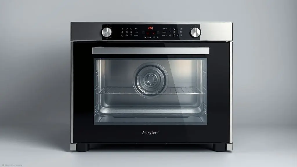 Moderno forno elétrico de 10 litros sem marca, em aço inoxidável e com porta de vidro, fotografado em estúdio com iluminação profissional.