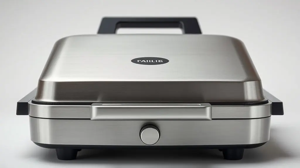 Sanduicheira Fast Grill com design moderno em aço escovado, vista de frente em um fundo neutro, destacando suas placas antiaderentes.