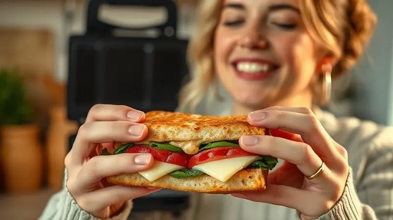 Pessoa sorrindo satisfeita ao comer um sanduíche feito em uma sanduicheira grill, representando uma avaliação positiva de um usuário.