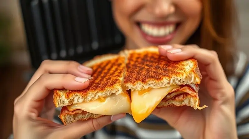 Usuário satisfeito mostrando um sanduíche perfeitamente grelhado e com queijo derretido, feito na sanduicheira grill.
