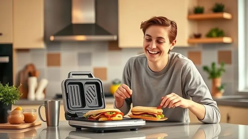 Jovem preparando um lanche rápido e prático em uma sanduicheira, ilustrando o público ideal para o produto, como estudantes e pessoas que moram sozinhas.