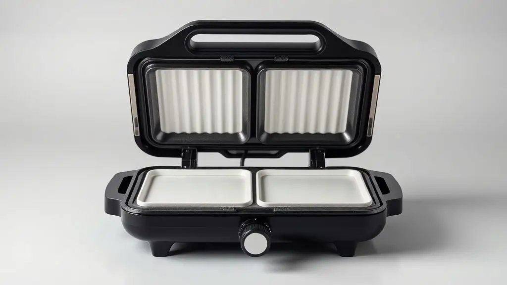 Sanduicheira grill Britânia Fama FGR01 com placas de revestimento cerâmico brancas abertas, em fundo neutro e com iluminação de estúdio profissional.