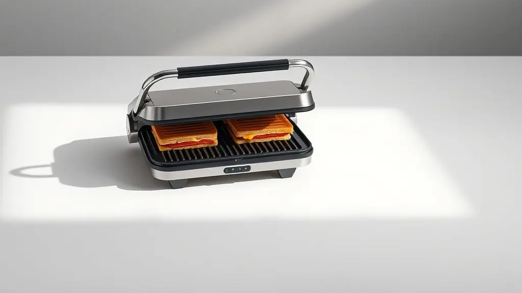 Análise da sanduicheira grill Itatiaia Essencial, mostrando o produto em detalhe com suas placas antiaderentes em destaque.