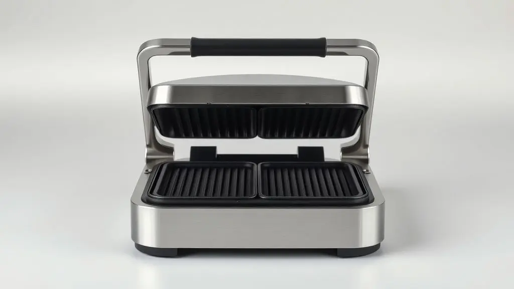 Uma sanduicheira Mallory grill moderna, sem marca e em aço inoxidável, fotografada de frente em um estúdio com fundo neutro para a análise do produto.