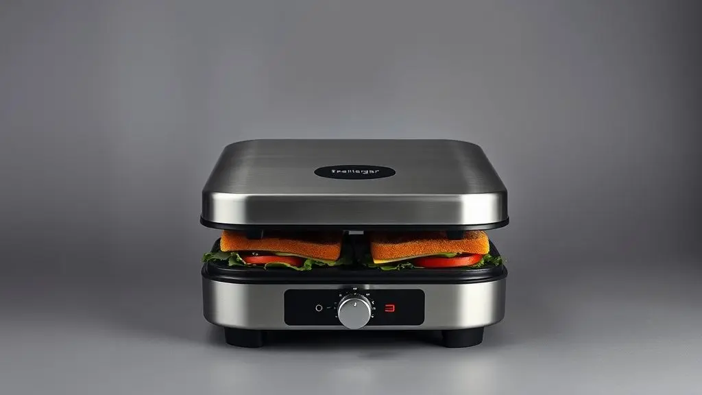 Análise da sanduicheira e mini grill HQ 180º, mostrando o produto em foto de estúdio com seu design moderno, acabamento em aço inox e chapas antiaderentes.