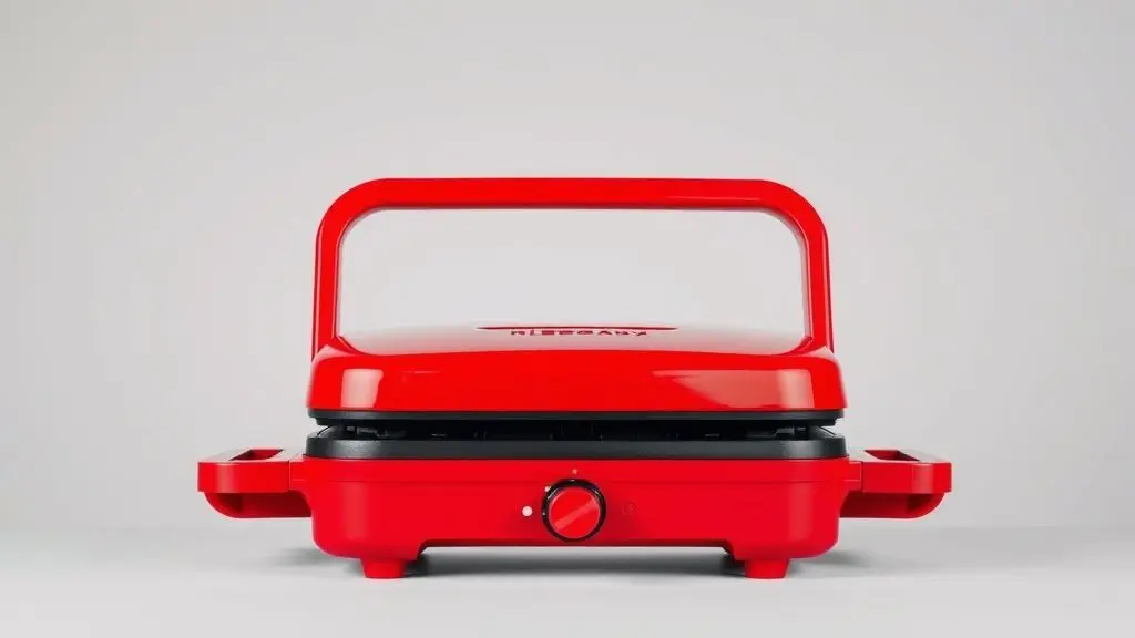 Sanduicheira Red Easy Grill SA100 em destaque, mostrando seu design vermelho vibrante e chapas antiaderentes para análise completa do produto.