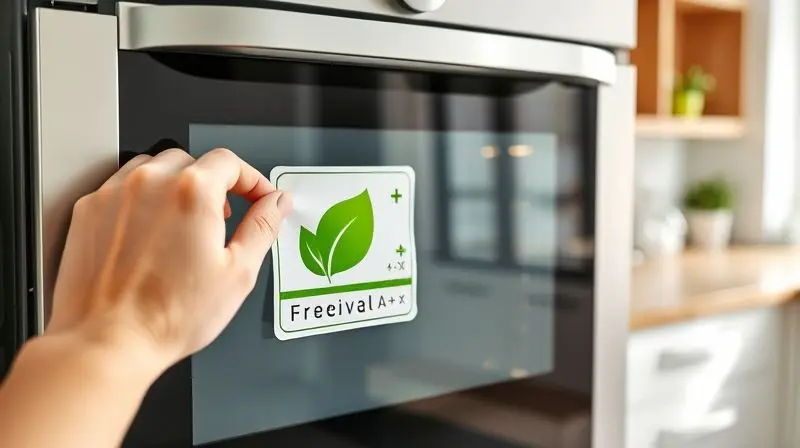 Mão aplicando um selo de eficiência energética A+++ na porta de um forno novo, simbolizando sustentabilidade e economia de energia na cozinha.