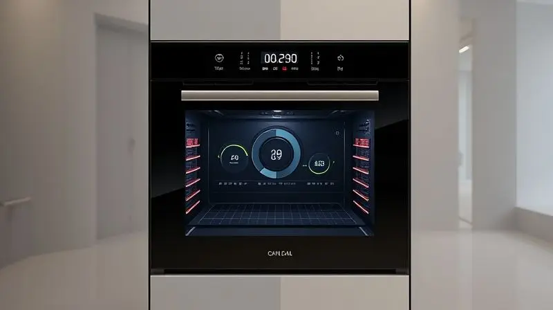 Forno inteligente de última geração com painel touch screen digital, representando as inovações e tendências tecnológicas em fornos de cozinha.