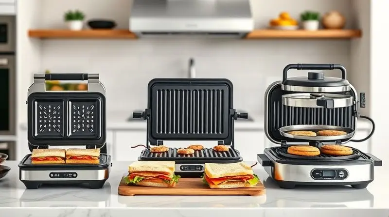 Comparativo com três tipos de sanduicheiras em uma bancada de cozinha para ajudar o consumidor a escolher o modelo ideal para suas necessidades.