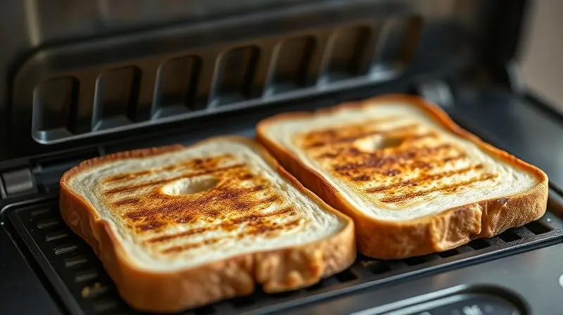 Sanduicheira em modo grill torrando pão com marcas, imagem realista para ilustrar tipos de aparelhos.