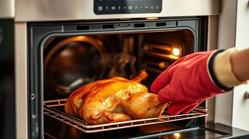 Pessoa tirando um frango assado dourado de um forno elétrico, representando a satisfação e o bom resultado de cozinhar com o aparelho.