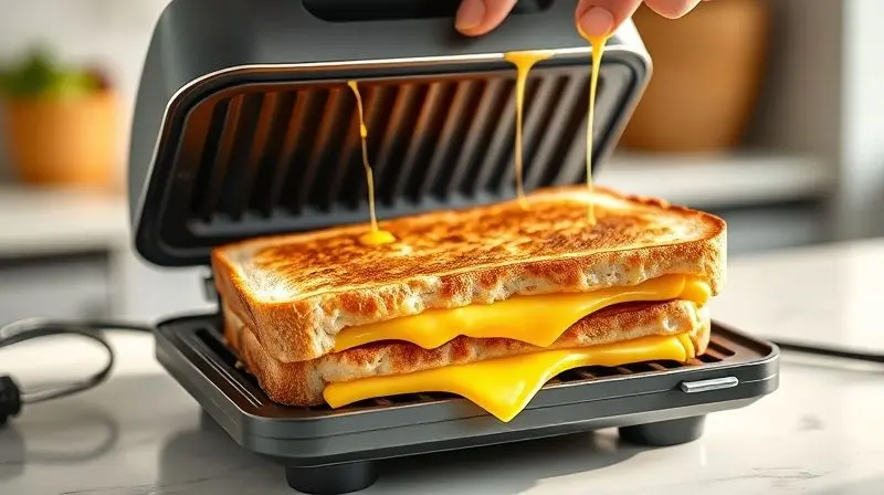 Sanduíche de queijo derretido sendo preparado em uma sanduicheira moderna, ilustrando a rapidez e o sabor, vantagens do aparelho.