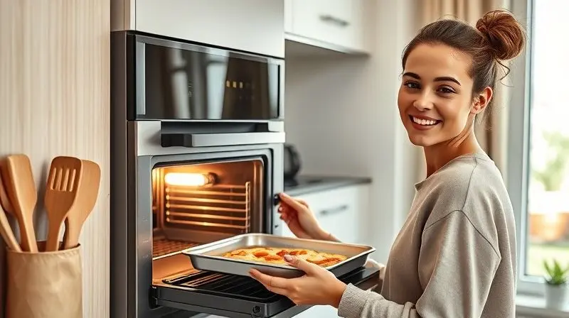Jovem utilizando um forno elétrico de 10 litros em uma cozinha compacta e moderna, ilustrando a praticidade do aparelho para espaços pequenos.