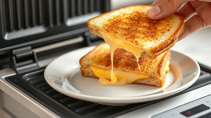 Sanduíche quente sendo retirado de uma sanduicheira grill com revestimento cerâmico, demonstrando a qualidade antiaderente da superfície.