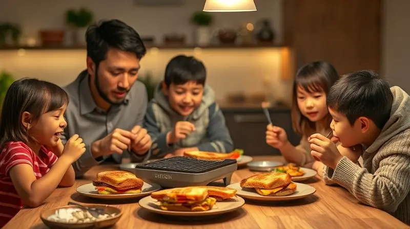 Família apreciando sanduíches grelhados em casa, ilustrando vantagens da sanduicheira no dia a dia.