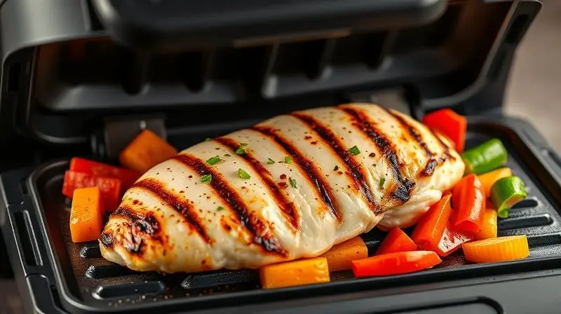 Um peito de frango suculento e legumes sendo grelhados em uma sanduicheira grill aberta, demonstrando a versatilidade do aparelho além de pães.